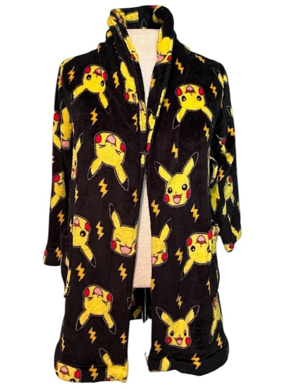 Pokemon Black Pikachu Fleece kids Robe with Yellow Lightning boys size 8 small